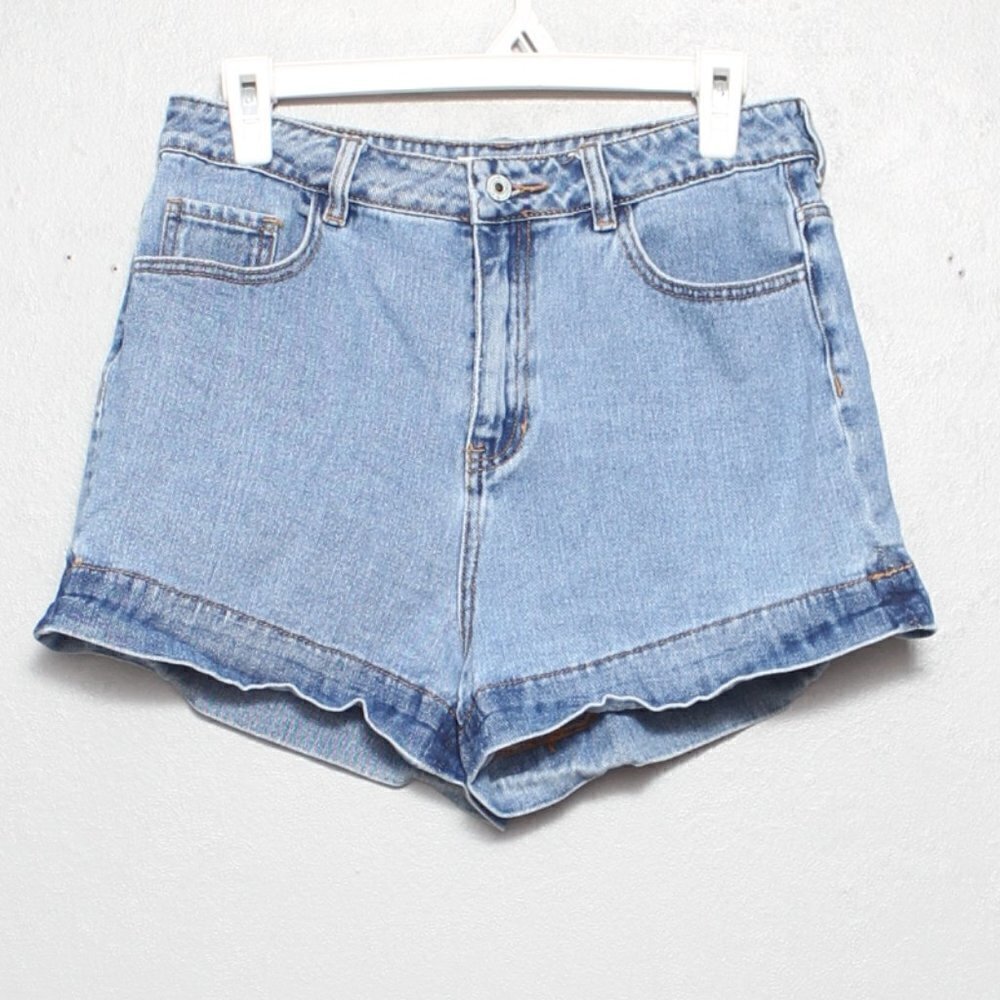 John Galt light wash high rise mom jean shorts